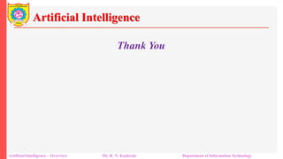 Artificial Intelligence
Artificial Intelligence – Overview Mr. R. N. Kankrale Department of Information Technology
Thank You
 
