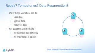 Repair? Tombstones? Data Resurrection?
+ Worst things a database can do:
+ Lose data
+ Corrupt data
+ Resurrect data
+ Not a problem with ScyllaDB
+ We take your data seriously
+ We know repair is painful
Faster, Safer Node Operations with Repair vs Streaming
 