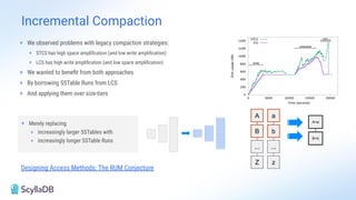 Incremental Compaction
A
B
...
Z
a
b
...
z
A+a
B+b
A a
B b
A+a
B+b
+ We observed problems with legacy compaction strategies:
+ STCS has high space ampliﬁcation (and low write ampliﬁcation)
+ LCS has high write ampliﬁcation (and low space ampliﬁcation)
+ We wanted to beneﬁt from both approaches
+ By borrowing SSTable Runs from LCS
+ And applying them over size-tiers
+ Merely replacing
+ increasingly larger SSTables with
+ increasingly longer SSTable Runs
Designing Access Methods: The RUM Conjecture
 