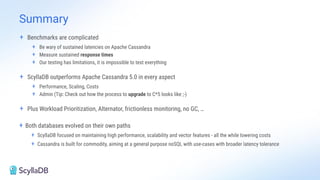 + Benchmarks are complicated
+ Be wary of sustained latencies on Apache Cassandra
+ Measure sustained response times
+ Our testing has limitations, it is impossible to test everything
+ ScyllaDB outperforms Apache Cassandra 5.0 in every aspect
+ Performance, Scaling, Costs
+ Admin (Tip: Check out how the process to upgrade to C*5 looks like ;-)
+ Plus Workload Prioritization, Alternator, frictionless monitoring, no GC, …
+ Both databases evolved on their own paths
+ ScyllaDB focused on maintaining high performance, scalability and vector features - all the while lowering costs
+ Cassandra is built for commodity, aiming at a general purpose noSQL with use-cases with broader latency tolerance
Summary
 