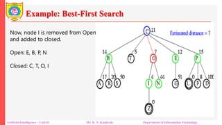 Example: Best-First Search
Artificial Intelligence – Unit-II Mr. R. N. Kankrale Department of Information Technology
Now, node I is removed from Open
and added to closed.
Open: E, B, P, N
Closed: C, T, O, I
 