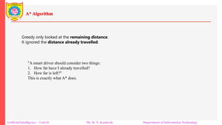A* Algorithm
Artificial Intelligence – Unit-II Mr. R. N. Kankrale Department of Information Technology
Greedy only looked at the remaining distance.
It ignored the distance already travelled.
"A smart driver should consider two things:
1. How far have I already travelled?
2. How far is left?"
This is exactly what A* does.
 