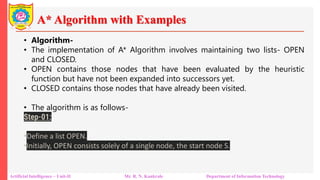 A* Algorithm with Examples
Artificial Intelligence – Unit-II Mr. R. N. Kankrale Department of Information Technology
• Algorithm-
• The implementation of A* Algorithm involves maintaining two lists- OPEN
and CLOSED.
• OPEN contains those nodes that have been evaluated by the heuristic
function but have not been expanded into successors yet.
• CLOSED contains those nodes that have already been visited.
• The algorithm is as follows-
Step-01:
•Define a list OPEN.
•Initially, OPEN consists solely of a single node, the start node S.
 