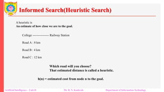 Informed Search(Heuristic Search)
Artificial Intelligence – Unit-II Mr. R. N. Kankrale Department of Information Technology
A heuristic is
An estimate of how close we are to the goal.
College ---------------- Railway Station
Road A : 8 km
Road B : 4 km
Road C : 12 km
Which road will you choose?
That estimated distance is called a heuristic.
h(n) = estimated cost from node n to the goal.
 