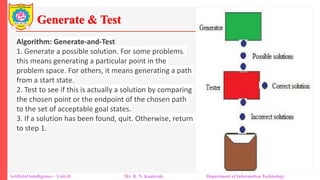 Generate & Test
Artificial Intelligence – Unit-II Mr. R. N. Kankrale Department of Information Technology
Algorithm: Generate-and-Test
1. Generate a possible solution. For some problems.
this means generating a particular point in the
problem space. For others, it means generating a path
from a start state.
2. Test to see if this is actually a solution by comparing
the chosen point or the endpoint of the chosen path
to the set of acceptable goal states.
3. If a solution has been found, quit. Otherwise, return
to step 1.
 