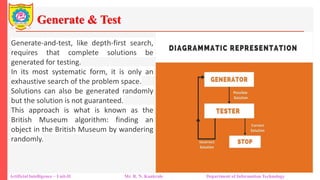 Generate & Test
Artificial Intelligence – Unit-II Mr. R. N. Kankrale Department of Information Technology
Generate-and-test, like depth-first search,
requires that complete solutions be
generated for testing.
In its most systematic form, it is only an
exhaustive search of the problem space.
Solutions can also be generated randomly
but the solution is not guaranteed.
This approach is what is known as the
British Museum algorithm: finding an
object in the British Museum by wandering
randomly.
 
