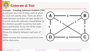 Generate & Test
Artificial Intelligence – Unit-II Mr. R. N. Kankrale Department of Information Technology
Example – Traveling Salesman Problem (TSP)
A salesman has a list of cities, each of which
he must visit exactly once. There are direct
roads between each pair of cities on the list.
Find the route the salesman should follow for
the shortest possible round trip that both
starts and finishes at any one of the cities.
•Traveler needs to visit n cities.
•Know the distance between each pair of
cities.
•Want to know the shortest route that visits
all the cities once.
 