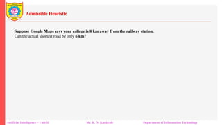 Admissible Heuristic
Artificial Intelligence – Unit-II Mr. R. N. Kankrale Department of Information Technology
Suppose Google Maps says your college is 8 km away from the railway station.
Can the actual shortest road be only 6 km?
 