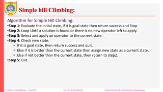 Simple hill Climbing:
Artificial Intelligence – Unit-II Mr. R. N. Kankrale Department of Information Technology
Algorithm for Simple Hill Climbing:
•Step 1: Evaluate the initial state, if it is goal state then return success and Stop.
•Step 2: Loop Until a solution is found or there is no new operator left to apply.
•Step 3: Select and apply an operator to the current state.
•Step 4: Check new state:
• If it is goal state, then return success and quit.
• Else if it is better than the current state then assign new state as a current state.
• Else if not better than the current state, then return to step2.
•Step 5: Exit.
 