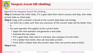 Steepest-Ascent hill climbing:
Artificial Intelligence – Unit-II Mr. R. N. Kankrale Department of Information Technology
Algorithm for Steepest-Ascent hill climbing:
•Step 1: Evaluate the initial state, if it is goal state then return success and stop, else make
current state as initial state.
•Step 2: Loop until a solution is found or the current state does not change.
• Let SUCC be a state such that any successor of the current state will be better than
it.
• For each operator that applies to the current state:
• Apply the new operator and generate a new state.
• Evaluate the new state.
• If it is goal state, then return it and quit, else compare it to the SUCC.
• If it is better than SUCC, then set new state as SUCC.
• If the SUCC is better than the current state, then set current state to SUCC.
•Step 5: Exit.
 