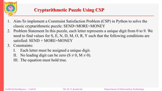Cryptarithmetic Puzzle Using CSP
Artificial Intelligence – Unit-II Mr. R. N. Kankrale Department of Information Technology
1. Aim-To implement a Constraint Satisfaction Problem (CSP) in Python to solve the
classic cryptarithmetic puzzle: SEND+MORE=MONEY
2. Problem Statement In this puzzle, each letter represents a unique digit from 0 to 9. We
need to find values for S, E, N, D, M, O, R, Y such that the following conditions are
satisfied: SEND + MORE=MONEY
3. Constraints:
I. Each letter must be assigned a unique digit.
II. No leading digit can be zero (S ≠ 0, M ≠ 0).
III. The equation must hold true.
 