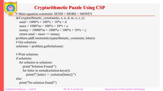 Cryptarithmetic Puzzle Using CSP
Artificial Intelligence – Unit-II Mr. R. N. Kankrale Department of Information Technology
# Main equation constraint: SEND + MORE = MONEY
def cryptarithmetic_constraint(s, e, n, d, m, o, r, y):
send = 1000*s + 100*e + 10*n + d
more = 1000*m + 100*o + 10*r + e
money = 10000*m + 1000*o + 100*n + 10*e + y
return send + more == money
problem.addConstraint(cryptarithmetic_constraint, letters)
# Get solutions
solutions = problem.getSolutions()
# Print solutions
if solutions:
for solution in solutions:
print("Solution Found:")
for letter in sorted(solution.keys()):
print(f"{letter} = {solution[letter]}")
else:
print("No solution found!")
 
