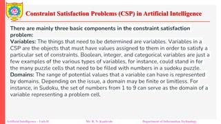Constraint Satisfaction Problems (CSP) in Artificial Intelligence
Artificial Intelligence – Unit-II Mr. R. N. Kankrale Department of Information Technology
There are mainly three basic components in the constraint satisfaction
problem:
Variables: The things that need to be determined are variables. Variables in a
CSP are the objects that must have values assigned to them in order to satisfy a
particular set of constraints. Boolean, integer, and categorical variables are just a
few examples of the various types of variables, for instance, could stand in for
the many puzzle cells that need to be filled with numbers in a sudoku puzzle.
Domains: The range of potential values that a variable can have is represented
by domains. Depending on the issue, a domain may be finite or limitless. For
instance, in Sudoku, the set of numbers from 1 to 9 can serve as the domain of a
variable representing a problem cell.
 