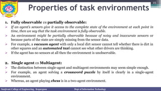 Properties of task environments
1. Fully observable vs partially observable:
➢ If an agent’s sensors give it access to the complete state of the environment at each point in
time, then we say that the task environment is fully observable.
➢ An environment might be partially observable because of noisy and inaccurate sensors or
because parts of the state are simply missing from the sensor data.
➢ For example, a vacuum agent with only a local dirt sensor cannot tell whether there is dirt in
other squares and an automated taxi cannot see what other drivers are thinking.
➢ If the agent has no sensors at all then the environment is unobservable.
2. Single agent vs Multiagent:
➢ The distinction between single-agent and multiagent environments may seem simple enough.
➢ For example, an agent solving a crossword puzzle by itself is clearly in a single-agent
environment.
➢ Whereas, an agent playing chess is in a two-agent environment.
25
Sanjivani College of Engineering, Kopargaon Dept of Information Technology
 