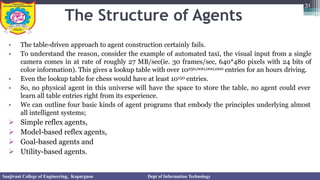 The Structure of Agents
• The table-driven approach to agent construction certainly fails.
• To understand the reason, consider the example of automated taxi, the visual input from a single
camera comes in at rate of roughly 27 MB/sec(ie. 30 frames/sec, 640*480 pixels with 24 bits of
color information). This gives a lookup table with over 10250,000,000,000 entries for an hours driving.
• Even the lookup table for chess would have at least 10150 entries.
• So, no physical agent in this universe will have the space to store the table, no agent could ever
learn all table entries right from its experience.
• We can outline four basic kinds of agent programs that embody the principles underlying almost
all intelligent systems;
➢ Simple reflex agents,
➢ Model-based reflex agents,
➢ Goal-based agents and
➢ Utility-based agents.
31
Sanjivani College of Engineering, Kopargaon Dept of Information Technology
 