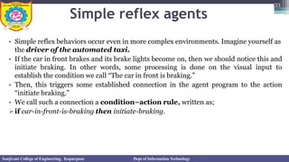 Simple reflex agents
• Simple reflex behaviors occur even in more complex environments. Imagine yourself as
the driver of the automated taxi.
• If the car in front brakes and its brake lights become on, then we should notice this and
initiate braking. In other words, some processing is done on the visual input to
establish the condition we call “The car in front is braking.”
• Then, this triggers some established connection in the agent program to the action
“initiate braking.”
• We call such a connection a condition–action rule, written as;
➢if car-in-front-is-braking then initiate-braking.
33
Sanjivani College of Engineering, Kopargaon Dept of Information Technology
 