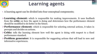 Learning agents
• A learning agent can be divided into four conceptual components;
➢Learning element: which is responsible for making improvements. It uses feedback
from the critic on how the agent is doing and determines how the performance element
should be modified to do better in the future.
➢Performance element: which is responsible for selecting external actions, it takes in
percepts and decides on actions.
➢Critic: tells the learning element how well the agent is doing with respect to a fixed
performance standard.
➢Problem generator: It is responsible for suggesting actions that will lead to new and
informative experiences.
42
Sanjivani College of Engineering, Kopargaon Dept of Information Technology
 