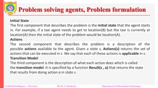Problem solving agents, Problem formulation
Artificial Intelligence – Overview Mr. R. N. Kankrale Department of Information Technology
Initial State
The first component that describes the problem is the initial state that the agent starts
in. For example, if a taxi agent needs to get to location(B) but the taxi is currently at
location(A) then the initial state of the problem would be location(A).
Actions
The second component that describes the problem is a description of the
possible actions available to the agent. Given a state s, Actions(s) returns the set of
actions that can be executed in s. We say that each of these actions is applicable in s.
Transition Model
The third component is the description of what each action does which is called
the transition model. It is specified by a function Result(s , a) that returns the state
that results from doing action a in state s.
 