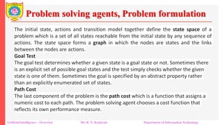 Problem solving agents, Problem formulation
Artificial Intelligence – Overview Mr. R. N. Kankrale Department of Information Technology
The initial state, actions and transition model together define the state space of a
problem which is a set of all states reachable from the initial state by any sequence of
actions. The state space forms a graph in which the nodes are states and the links
between the nodes are actions.
Goal Test
The goal test determines whether a given state is a goal state or not. Sometimes there
is an explicit set of possible goal states and the test simply checks whether the given
state is one of them. Sometimes the goal is specified by an abstract property rather
than an explicitly enumerated set of states.
Path Cost
The last component of the problem is the path cost which is a function that assigns a
numeric cost to each path. The problem solving agent chooses a cost function that
reflects its own performance measure.
 
