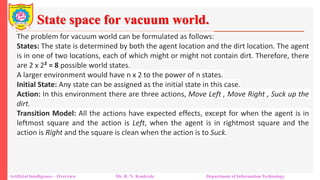 State space for vacuum world.
Artificial Intelligence – Overview Mr. R. N. Kankrale Department of Information Technology
The problem for vacuum world can be formulated as follows:
States: The state is determined by both the agent location and the dirt location. The agent
is in one of two locations, each of which might or might not contain dirt. Therefore, there
are 2 x 2² = 8 possible world states.
A larger environment would have n x 2 to the power of n states.
Initial State: Any state can be assigned as the initial state in this case.
Action: In this environment there are three actions, Move Left , Move Right , Suck up the
dirt.
Transition Model: All the actions have expected effects, except for when the agent is in
leftmost square and the action is Left, when the agent is in rightmost square and the
action is Right and the square is clean when the action is to Suck.
 