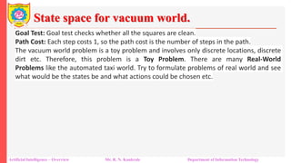 State space for vacuum world.
Artificial Intelligence – Overview Mr. R. N. Kankrale Department of Information Technology
Goal Test: Goal test checks whether all the squares are clean.
Path Cost: Each step costs 1, so the path cost is the number of steps in the path.
The vacuum world problem is a toy problem and involves only discrete locations, discrete
dirt etc. Therefore, this problem is a Toy Problem. There are many Real-World
Problems like the automated taxi world. Try to formulate problems of real world and see
what would be the states be and what actions could be chosen etc.
 