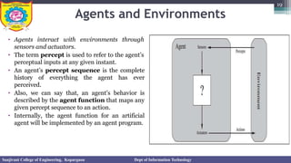 Agents and Environments
• Agents interact with environments through
sensors and actuators.
• The term percept is used to refer to the agent’s
perceptual inputs at any given instant.
• An agent’s percept sequence is the complete
history of everything the agent has ever
perceived.
• Also, we can say that, an agent’s behavior is
described by the agent function that maps any
given percept sequence to an action.
• Internally, the agent function for an artificial
agent will be implemented by an agent program.
19
Sanjivani College of Engineering, Kopargaon Dept of Information Technology
 