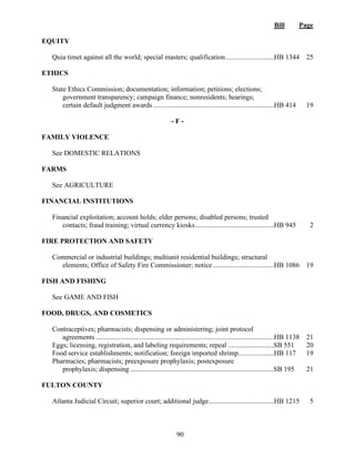Bill Page
90
EQUITY
Quia timet against all the world; special masters; qualification ............................HB 1344 25
ETHICS
State Ethics Commission; documentation; information; petitions; elections;
government transparency; campaign finance; nonresidents; hearings;
certain default judgment awards ......................................................................HB 414 19
- F -
FAMILY VIOLENCE
See DOMESTIC RELATIONS
FARMS
See AGRICULTURE
FINANCIAL INSTITUTIONS
Financial exploitation; account holds; elder persons; disabled persons; trusted
contacts; fraud training; virtual currency kiosks..............................................HB 945 2
FIRE PROTECTION AND SAFETY
Commercial or industrial buildings; multiunit residential buildings; structural
elements; Office of Safety Fire Commissioner; notice....................................HB 1086 19
FISH AND FISHING
See GAME AND FISH
FOOD, DRUGS, AND COSMETICS
Contraceptives; pharmacists; dispensing or administering; joint protocol
agreements .......................................................................................................HB 1138 21
Eggs; licensing, registration, and labeling requirements; repeal ...........................
SB 551 20
Food service establishments; notification; foreign imported shrimp.....................HB 117 19
Pharmacies; pharmacists; preexposure prophylaxis; postexposure
prophylaxis; dispensing ...................................................................................
SB 195 21
FULTON COUNTY
Atlanta Judicial Circuit; superior court; additional judge......................................HB 1215 5
 