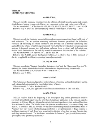 7
TITLE 16
CRIMES AND OFFENSES
Act 380; HB 483
This Act provides enhanced penalties when the offenses of simple assault, aggravated assault,
simple battery, battery, or aggravated battery are committed against code enforcement officials.
The Act amends O.C.G.A. Sections 16-5-19, 16-5-20, 16-5-21, 16-5-23, 16-5-23.1, and 16-5-24.
Effective May 5, 2026, and applicable to any offenses committed on or after July 1, 2026.
Act 384; HB 535
This Act amends the threshold amount of fentanyl necessary to constitute illegal trafficking of
such substance. The Act revises mandatory minimum departure provisions for defendants
convicted of trafficking of certain substances and provides for a statutory sentencing limit
applicable to the offense of trafficking in fentanyl. The Act further provides that when any carceral
sentence is imposed pursuant to a defendant's probation being revoked, such defendant must
receive credit for time served for each day served in confinement since the date of the violation.
The Act amends O.C.G.A Sections 16-13-31 and 42-8-38.
Effective May 5, 2026, except that Section 2 of the Act is effective July 1, 2026. Section 1 of
the Act is applicable to offenses committed on or after such date.
Act 390; HB 1329
This Act amends the "Georgia Controlled Substances Act" and the "Dangerous Drug Act" by
updating the lists of Schedule I controlled substances and dangerous drugs, respectively.
The Act amends O.C.G.A. Sections 16-13-25 and 16-13-71.
Effective May 5, 2026.
Act 417; SB 547
This Act amends the criminal penalties for the offenses of pimping and pandering to provide that
such crimes shall automatically be punished as felony offenses.
This Act amends O.C.G.A. Section 16-6-13.
Effective July 1, 2026, and applicable to all offenses committed on or after such date.
Act 476; HB 382
This Act requires that in the dispensing of all prescription drug orders, pharmacists shall be
physically present and supervising the activities of pharmacy technicians in the licensed area of a
pharmacy at all times. The Act allows pharmacy technicians to perform certain technical functions
from a remote location. The Act increases the pharmacist to intern and extern supervisory ratio
from 1:2 to up to 1:6. The Act provides for the removal of the requirement that the State Board of
Pharmacy may only require wholesale drug distributors to accept the return of drugs essential to
healthcare treatment if such drugs have an expiration date that is less than one year from the date
such drug is manufactured. The Act further amends the definition of "lysergic acid diethylamide,"
"psilocybin," and "pharmacy technician."
 