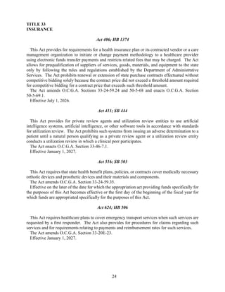 24
TITLE 33
INSURANCE
Act 406; HB 1374
This Act provides for requirements for a health insurance plan or its contracted vendor or a care
management organization to initiate or change payment methodology to a healthcare provider
using electronic funds transfer payments and restricts related fees that may be charged. The Act
allows for prequalification of suppliers of services, goods, materials, and equipment to the state
only by following the rules and regulations established by the Department of Administrative
Services. The Act prohibits renewal or extension of state purchase contracts effectuated without
competitive bidding solely because the contract price did not exceed a threshold amount required
for competitive bidding for a contract price that exceeds such threshold amount.
The Act amends O.C.G.A. Sections 33-24-59.24 and 50-5-68 and enacts O.C.G.A. Section
50-5-69.1.
Effective July 1, 2026.
Act 411; SB 444
This Act provides for private review agents and utilization review entities to use artificial
intelligence systems, artificial intelligence, or other software tools in accordance with standards
for utilization review. The Act prohibits such systems from issuing an adverse determination to a
patient until a natural person qualifying as a private review agent or a utilization review entity
conducts a utilization review in which a clinical peer participates.
The Act enacts O.C.G.A. Section 33-46-7.1.
Effective January 1, 2027.
Act 516; SB 503
This Act requires that state health benefit plans, policies, or contracts cover medically necessary
orthotic devices and prosthetic devices and their materials and components.
The Act amends O.C.G.A. Section 33-24-59.35.
Effective on the later of the date for which the appropriation act providing funds specifically for
the purposes of this Act becomes effective or the first day of the beginning of the fiscal year for
which funds are appropriated specifically for the purposes of this Act.
Act 624; HB 506
This Act requires healthcare plans to cover emergency transport services when such services are
requested by a first responder. The Act also provides for procedures for claims regarding such
services and for requirements relating to payments and reimbursement rates for such services.
The Act amends O.C.G.A. Section 33-20E-23.
Effective January 1, 2027.
 