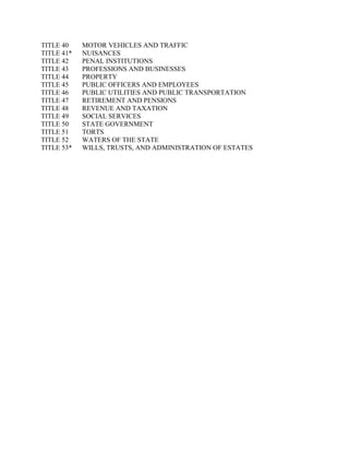 TITLE 40 MOTOR VEHICLES AND TRAFFIC
TITLE 41* NUISANCES
TITLE 42 PENAL INSTITUTIONS
TITLE 43 PROFESSIONS AND BUSINESSES
TITLE 44 PROPERTY
TITLE 45 PUBLIC OFFICERS AND EMPLOYEES
TITLE 46 PUBLIC UTILITIES AND PUBLIC TRANSPORTATION
TITLE 47 RETIREMENT AND PENSIONS
TITLE 48 REVENUE AND TAXATION
TITLE 49 SOCIAL SERVICES
TITLE 50 STATE GOVERNMENT
TITLE 51 TORTS
TITLE 52 WATERS OF THE STATE
TITLE 53* WILLS, TRUSTS, AND ADMINISTRATION OF ESTATES
 