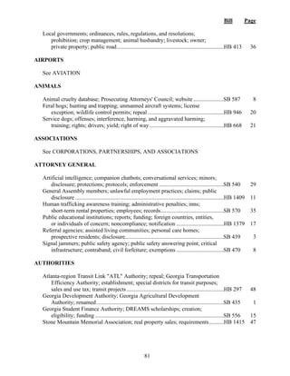 Bill Page
81
Local governments; ordinances, rules, regulations, and resolutions;
prohibition; crop management; animal husbandry; livestock; owner;
private property; public road............................................................................HB 413 36
AIRPORTS
See AVIATION
ANIMALS
Animal cruelty database; Prosecuting Attorneys' Council; website......................
SB 587 8
Feral hogs; hunting and trapping; unmanned aircraft systems; license
exception; wildlife control permits; repeal ......................................................HB 946 20
Service dogs; offenses; interference, harming, and aggravated harming;
training; rights; drivers; yield; right of way.....................................................HB 668 21
ASSOCIATIONS
See CORPORATIONS, PARTNERSHIPS, AND ASSOCIATIONS
ATTORNEY GENERAL
Artificial intelligence; companion chatbots; conversational services; minors;
disclosure; protections; protocols; enforcement ..............................................
SB 540 29
General Assembly members; unlawful employment practices; claims; public
disclosure .........................................................................................................HB 1409 11
Human trafficking awareness training; administrative penalties; inns;
short-term rental properties; employees; records.............................................
SB 570 35
Public educational institutions; reports; funding; foreign countries, entities,
or individuals of concern; noncompliance; notification ..................................HB 1379 17
Referral agencies; assisted living communities; personal care homes;
prospective residents; disclosure......................................................................
SB 439 3
Signal jammers; public safety agency; public safety answering point; critical
infrastructure; contraband; civil forfeiture; exemptions ..................................
SB 470 8
AUTHORITIES
Atlanta-region Transit Link "ATL" Authority; repeal; Georgia Transportation
Efficiency Authority; establishment; special districts for transit purposes;
sales and use tax; transit projects.....................................................................HB 297 48
Georgia Development Authority; Georgia Agricultural Development
Authority; renamed..........................................................................................
SB 435 1
Georgia Student Finance Authority; DREAMS scholarships; creation;
eligibility; funding ...........................................................................................
SB 556 15
Stone Mountain Memorial Association; real property sales; requirements...........HB 1415 47
 
