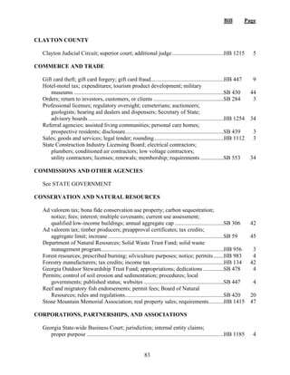 Bill Page
83
CLAYTON COUNTY
Clayton Judicial Circuit; superior court; additional judge.....................................HB 1215 5
COMMERCE AND TRADE
Gift card theft; gift card forgery; gift card fraud....................................................HB 447 9
Hotel-motel tax; expenditures; tourism product development; military
museums ..........................................................................................................
SB 430 44
Orders; return to investors, customers, or clients ..................................................
SB 284 3
Professional licenses; regulatory oversight; cemeterians; auctioneers;
geologists; hearing aid dealers and dispensers; Secretary of State;
advisory boards ................................................................................................HB 1254 34
Referral agencies; assisted living communities; personal care homes;
prospective residents; disclosure......................................................................
SB 439 3
Sales; goods and services; legal tender; rounding .................................................HB 1112 3
State Construction Industry Licensing Board; electrical contractors;
plumbers; conditioned air contractors; low voltage contractors;
utility contractors; licenses; renewals; membership; requirements .................
SB 553 34
COMMISSIONS AND OTHER AGENCIES
See STATE GOVERNMENT
CONSERVATION AND NATURAL RESOURCES
Ad valorem tax; bona fide conservation use property; carbon sequestration;
notice; fees; interest; multiple covenants; current use assessment;
qualified low-income buildings; annual aggregate cap ...................................
SB 306 42
Ad valorem tax; timber producers; preapproval certificates; tax credits;
aggregate limit; increase ..................................................................................
SB 59 45
Department of Natural Resources; Solid Waste Trust Fund; solid waste
management program.......................................................................................HB 956 3
Forest resources; prescribed burning; silviculture purposes; notice; permits........HB 983 4
Forestry manufacturers; tax credits; income tax....................................................HB 134 42
Georgia Outdoor Stewardship Trust Fund; appropriations; dedications ...............
SB 478 4
Permits; control of soil erosion and sedimentation; procedures; local
governments; published status; websites .........................................................
SB 447 4
Reef and migratory fish endorsements; permit fees; Board of Natural
Resources; rules and regulations......................................................................
SB 420 20
Stone Mountain Memorial Association; real property sales; requirements...........HB 1415 47
CORPORATIONS, PARTNERSHIPS, AND ASSOCIATIONS
Georgia State-wide Business Court; jurisdiction; internal entity claims;
proper purpose .................................................................................................HB 1185 4
 
