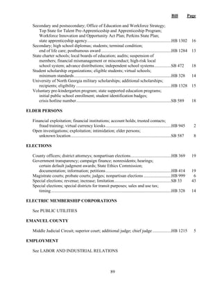 Bill Page
89
Secondary and postsecondary; Office of Education and Workforce Strategy;
Top State for Talent Pre-Apprenticeship and Apprenticeship Program;
Workforce Innovation and Opportunity Act Plan; Perkins State Plan;
state apprenticeship agency..............................................................................HB 1302 16
Secondary; high school diplomas; students; terminal condition;
end of life care; posthumous award .................................................................HB 1284 13
State charter schools; local boards of education; audits; suspension of
members; financial mismanagement or misconduct; high-risk local
school system; advance distributions; independent school systems................
SB 472 18
Student scholarship organizations; eligible students; virtual schools;
minimum standards..........................................................................................HB 328 14
University of North Georgia military scholarships; additional scholarships;
recipients; eligibility ........................................................................................HB 1328 15
Voluntary pre-kindergarten program; state supported education programs;
initial public school enrollment; student identification badges;
crisis hotline number........................................................................................
SB 589 18
ELDER PERSONS
Financial exploitation; financial institutions; account holds; trusted contacts;
fraud training; virtual currency kiosks.............................................................HB 945 2
Open investigations; exploitation; intimidation; elder persons;
unknown location.............................................................................................
SB 587 8
ELECTIONS
County officers; district attorneys; nonpartisan elections......................................HB 369 19
Government transparency; campaign finance; nonresidents; hearings;
certain default judgment awards; State Ethics Commission;
documentation; information; petitions.............................................................HB 414 19
Magistrate courts; probate courts; judges; nonpartisan elections ..........................HB 999 6
Special elections; revenue; increase; limitation.....................................................
SB 33 43
Special elections; special districts for transit purposes; sales and use tax;
timing...............................................................................................................HB 328 14
ELECTRIC MEMBERSHIP CORPORATIONS
See PUBLIC UTILITIES
EMANUEL COUNTY
Middle Judicial Circuit; superior court; additional judge; chief judge..................HB 1215 5
EMPLOYMENT
See LABOR AND INDUSTRIAL RELATIONS
 