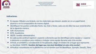 Indicaciones.
● En equipo: Dibujen una brújula, con los materiales que deseen, puede ser en un papel bond,
pizarrón o en la computadora de manera digital.
● Identifiquen los puntos cardinales Norte, Sur, Este y Oeste; cada uno de ellos hay que renombrarlos
de la siguiente manera:
● SUR: Humanismo
● ESTE: Académico
● OESTE: Gestión administrativa
● En cada punto cardinal registrar 1 aspecto o elemento que los identifique como equipo y 1 aspecto
o elemento a considerar para mejorar o trabajar como equipo durante este ciclo escolar.
● Al final, en el NORTE y considerando lo recuperando, elegir el nombre de un lugar que represente
su identidad, (NORTE: Nombre del lugar que nos dará identidad en este ciclo escolar)
● Al finalizar renombrarse en la plataforma con el nombre que los identifique. Ejemplo: Zona20_Tíbet
Coordinación General de Educación Básica
Dirección General de Educación Básica
Dirección de Educación Especial
Subdirección Técnico-Pedagógica de Educación Especial
 
