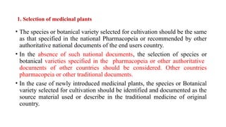 1. Selection of medicinal plants
• The species or botanical variety selected for cultivation should be the same
as that specified in the national Pharmacopeia or recommended by other
authoritative national documents of the end users country.
• In the absence of such national documents, the selection of species or
botanical varieties specified in the pharmacopeia or other authoritative
documents of other countries should be considered. Other countries
pharmacopeia or other traditional documents.
• In the case of newly introduced medicinal plants, the species or Botanical
variety selected for cultivation should be identified and documented as the
source material used or describe in the traditional medicine of original
country.
 
