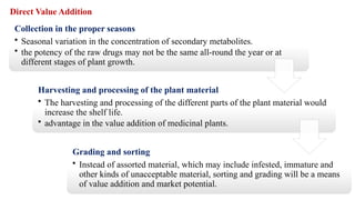 Direct Value Addition
Collection in the proper seasons
• Seasonal variation in the concentration of secondary metabolites.
• the potency of the raw drugs may not be the same all-round the year or at
different stages of plant growth.
Harvesting and processing of the plant material
• The harvesting and processing of the different parts of the plant material would
increase the shelf life.
• advantage in the value addition of medicinal plants.
Grading and sorting
• Instead of assorted material, which may include infested, immature and
other kinds of unacceptable material, sorting and grading will be a means
of value addition and market potential.
 