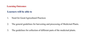 Learning Outcomes
Learners will be able to
1. Need for Good Agricultural Practices
2. The general guidelines for harvesting and processing of Medicinal Plants.
3. The guidelines for collection of different parts of the medicinal plants.
 