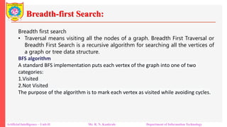Breadth-first Search:
Artificial Intelligence – Unit-II Mr. R. N. Kankrale Department of Information Technology
Breadth first search
• Traversal means visiting all the nodes of a graph. Breadth First Traversal or
Breadth First Search is a recursive algorithm for searching all the vertices of
a graph or tree data structure.
BFS algorithm
A standard BFS implementation puts each vertex of the graph into one of two
categories:
1.Visited
2.Not Visited
The purpose of the algorithm is to mark each vertex as visited while avoiding cycles.
 