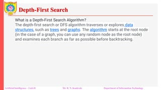 Depth-First Search
Artificial Intelligence – Unit-II Mr. R. N. Kankrale Department of Information Technology
What is a Depth-First Search Algorithm?
The depth-first search or DFS algorithm traverses or explores data
structures, such as trees and graphs. The algorithm starts at the root node
(in the case of a graph, you can use any random node as the root node)
and examines each branch as far as possible before backtracking.
 