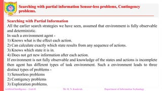 Searching with partial information Sensor-less problems, Contingency
problems.
Artificial Intelligence – Unit-II Mr. R. N. Kankrale Department of Information Technology
Searching with Partial Information
All the earlier search strategies we have seen, assumed that environment is fully observable
and deterministic.
In such a environment agent -
1) Knows what is the effect each action.
2) Can calculate exactly which state results from any sequence of actions.
3) Knows which state it is in.
4) Does not get new information after each action.
If environment is not fully observable and knowledge of the states and actions is incomplete
then agent has different types of task environment. Such a environment leads to three
distinct types of problems -
1) Sensorless problems
2) Contigency problems
3) Exploration problems.
 