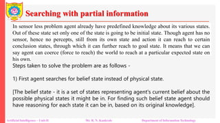 Searching with partial information
Artificial Intelligence – Unit-II Mr. R. N. Kankrale Department of Information Technology
In sensor less problem agent already have predefined knowledge about its various states.
Out of these state set only one of the state is going to be initial state. Though agent has no
sensor, hence no percepts, still from its own state and action it can reach to certain
conclusion states, through which it can further reach to goal state. It means that we can
say agent can coerce (force to reach) the world to reach at a particular expected state on
his own.
Steps taken to solve the problem are as follows -
1) First agent searches for belief state instead of physical state.
[The belief state - it is a set of states representing agent's current belief about the
possible physical states it might be in. For finding such belief state agent should
have reasoning for each state it can be in, based on its original knowledge].
 