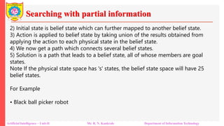 Searching with partial information
Artificial Intelligence – Unit-II Mr. R. N. Kankrale Department of Information Technology
2) Initial state is belief state which can further mapped to another belief state.
3) Action is applied to belief state by taking union of the results obtained from
applying the action to each physical state in the belief state.
4) We now get a path which connects several belief states.
5) Solution is a path that leads to a belief state, all of whose members are goal
states.
Note If the physical state space has 's' states, the belief state space will have 25
belief states.
For Example
• Black ball picker robot
 
