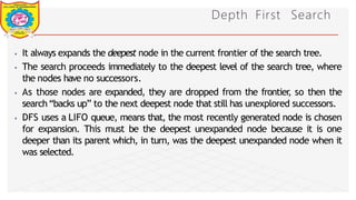 Depth First Search
⦁ It always expands the deepest node in the current frontier of the search tree.
⦁ The search proceeds immediately to the deepest level of the search tree, where
the nodes have no successors.
⦁ As those nodes are expanded, they are dropped from the frontier
, so then the
search“backs up” to the next deepest node that still has unexplored successors.
⦁ DFS uses a LIFO queue, means that, the most recently generated node is chosen
for expansion. This must be the deepest unexpanded node because it is one
deeper than its parent which, in turn, was the deepest unexpanded node when it
was selected.
Dept of Information Technology 8/25/2026
 