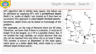 Depth Limited Search
⦁ DFS algorithm fails in infinite state spaces, this failure can
be alleviated by supplying DFS with a predefined depth
limit l, ie. nodes at depth l are treated as if they have no
successors.This approach is called depth limited search.
⦁ Sometimes, depth limits can be based on knowledge of the
problem.
⦁ For example, on the map of Romania there are 20 cities.
Therefore, we know that if there is a solution, it must be of
length 19 at the longest, so l=19 is a possible choice. But, if
we studied the map carefully
, we would discover that any
city can be reached from any other city in at most 9 steps.
This number
, is known as diameter of the state space,
which gives us a better depth limit, which leads to a more
efficient depth-limited search.
Dept of Information Technology 8/25/2026
 