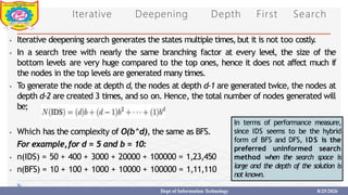 Iterative Deepening Depth First Search
⦁ Iterative deepening search generates the states multiple times,but it is not too costly.
⦁ In a search tree with nearly the same branching factor at every level, the size of the
bottom levels are very huge compared to the top ones, hence it does not affect much if
the nodes in the top levels are generated many times.
⦁ To generate the node at depth d, the nodes at depth d-1 are generated twice, the nodes at
depth d-2 are created 3 times, and so on. Hence, the total number of nodes generated will
be;
⦁ Which has the complexity of O(b^d), the same as BFS.
For example,for d = 5 and b = 10:
⦁ n(IDS) = 50 + 400 + 3000 + 20000 + 100000 = 1,23,450
⦁ n(BFS) = 10 + 100 + 1000 + 10000 + 100000 = 1,11,110
In terms of performance measure,
since IDS seems to be the hybrid
form of BFS and DFS, IDS is the
preferred uninformed search
method when the search space is
large and the depth of the solution is
not known.
Dept of Information Technology 8/25/2026
 