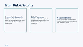Trust, Risk & Security
Preemptive Cybersecurity
Shift from reactive defense to
predictive AI driven protection; detect
‑
anomalies and self correct before
‑
attacks occur.
Digital Provenance
Verify the origin and integrity of
software, data and AI content; fight
disinformation and ensure
compliance.
AI Security Platforms
Secure your models: monitor outputs,
manage risks and protect training data
from adversarial threats.
[17] [18]
 