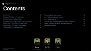 2026 TradFi on Crypto Exchanges Report
© 2026 CoinGecko
Contents
Zhong
Head of Research 1
Yuqian
Market Analyst
Win Win
Market Analyst
Introduction 2
Exchange RWA Spot & Perps Listings 3
RWA Spot Volume by Asset Class 4
Exchange RWA vs Crypto Perps Product Comparison 5
RWA & TradFi Perps Volume by Asset Class 6
RWA & TradFi Perps Volume by Exchange 7
Tokenized Stock Perpetuals Volume 9
Tokenized Stock Open Interest 10
Pre -IPO Stock Perpetuals Volume 11
Pre -IPO Open Interest 12
TradFi vs Total Exchange Perpetuals Volume & OI Share 13
SpaceX Pre -IPO Price Signals vs Initial Listing Price 14
Summary Conclusion 15
 