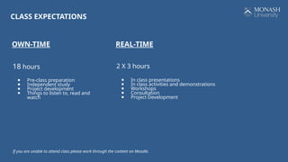 2 X 3 hours
● In class presentations
● In class activities and demonstrations
● Workshops
● Consultation
● Project Development
CLASS EXPECTATIONS
OWN-TIME REAL-TIME
If you are unable to attend class please work through the content on Moodle.
18 hours
● Pre-class preparation
● Independent study
● Project development
● Things to listen to, read and
watch
 