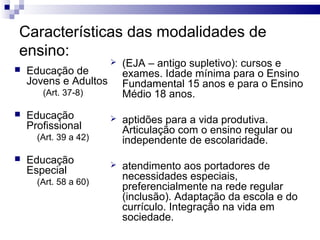 Características das modalidades de
ensino:
                          (EJA – antigo supletivo): cursos e
   Educação de            exames. Idade mínima para o Ensino
    Jovens e Adultos       Fundamental 15 anos e para o Ensino
       (Art. 37-8)         Médio 18 anos.
   Educação              aptidões para a vida produtiva.
    Profissional           Articulação com o ensino regular ou
      (Art. 39 a 42)       independente de escolaridade.
   Educação
    Especial
                          atendimento aos portadores de
      (Art. 58 a 60)
                           necessidades especiais,
                           preferencialmente na rede regular
                           (inclusão). Adaptação da escola e do
                           currículo. Integração na vida em
                           sociedade.
 