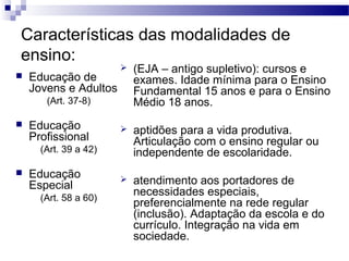 Características das modalidades de
ensino:
 Educação de
Jovens e Adultos
(Art. 37-8)
 Educação
Profissional
(Art. 39 a 42)
 Educação
Especial
(Art. 58 a 60)
 (EJA – antigo supletivo): cursos e
exames. Idade mínima para o Ensino
Fundamental 15 anos e para o Ensino
Médio 18 anos.
 aptidões para a vida produtiva.
Articulação com o ensino regular ou
independente de escolaridade.
 atendimento aos portadores de
necessidades especiais,
preferencialmente na rede regular
(inclusão). Adaptação da escola e do
currículo. Integração na vida em
sociedade.
 